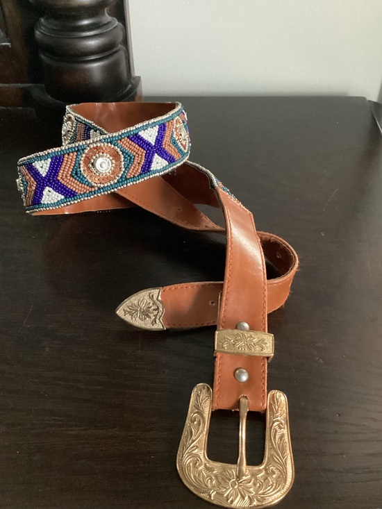 Beaded Leather Belt with Brown & Blue Beadwork and Gold Western Buckle main image 4